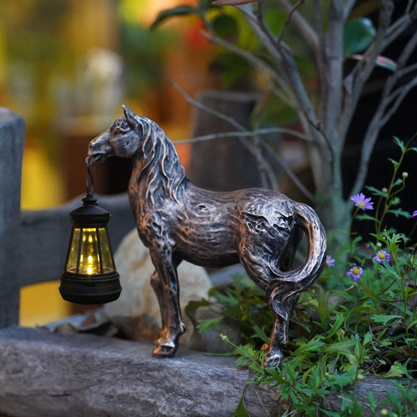 Solar Horse Garden Statue With Led Lantern Outdoor Rustic Ornament Ornaments & Statues