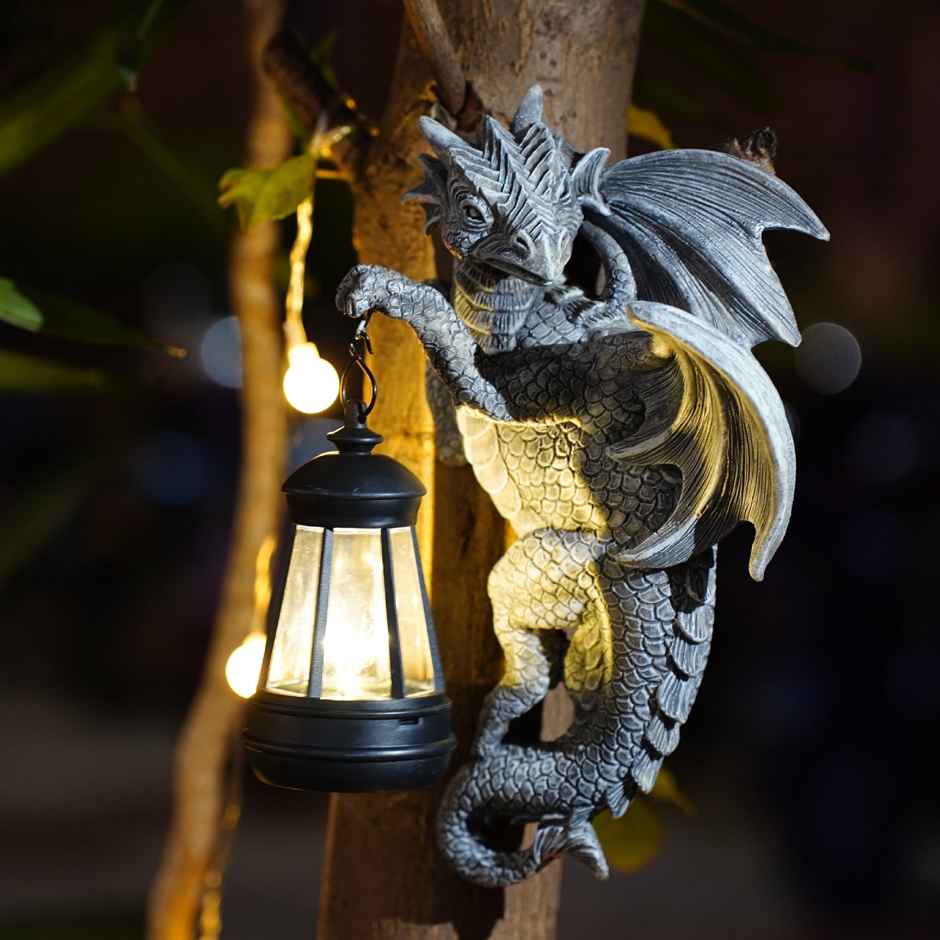 Elosung Solar Powered Dragon Statue With Led Lantern Gothic Outdoor Wall Hanging Decor Ornaments & Statues