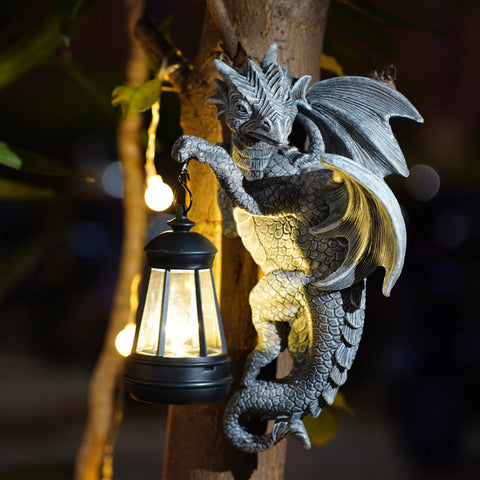 Elosung Solar Powered Dragon Statue With Led Lantern Gothic Outdoor Wall Hanging Decor Ornaments & Statues