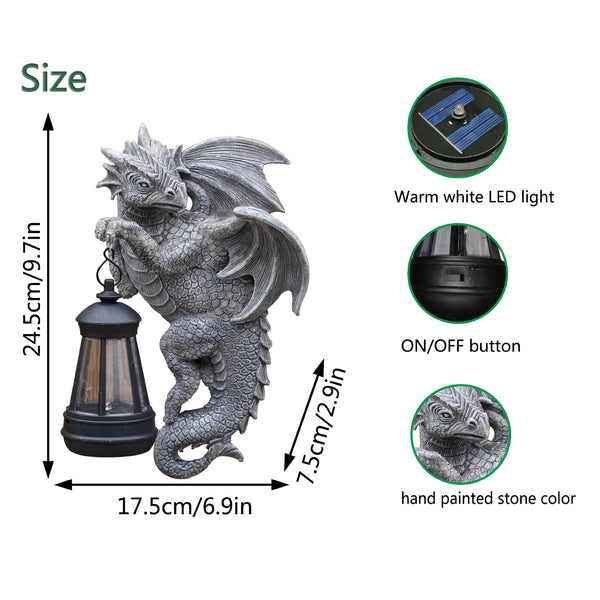 Elosung Solar Powered Dragon Statue With Led Lantern Gothic Outdoor Wall Hanging Decor Ornaments & Statues