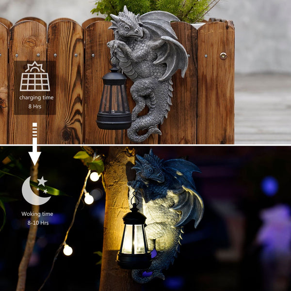 Elosung Solar Powered Dragon Statue With Led Lantern Gothic Outdoor Wall Hanging Decor Ornaments & Statues