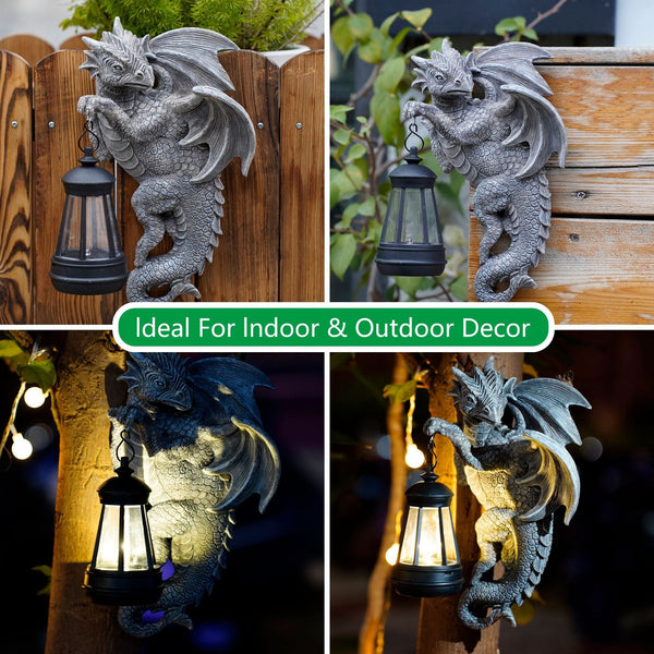 Elosung Solar Powered Dragon Statue With Led Lantern Gothic Outdoor Wall Hanging Decor Ornaments & Statues