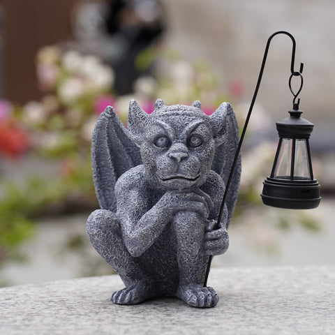 Elosung Solar Powered Gargoyle Statue With Led Lantern Gothic Outdoor Halloween Garden Decor Ornaments & Statues
