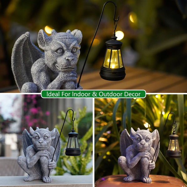 Elosung Solar Powered Gargoyle Statue With Led Lantern Gothic Outdoor Halloween Garden Decor Ornaments & Statues