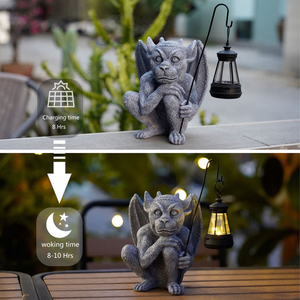 Elosung Solar Powered Gargoyle Statue With Led Lantern Gothic Outdoor Halloween Garden Decor Ornaments & Statues