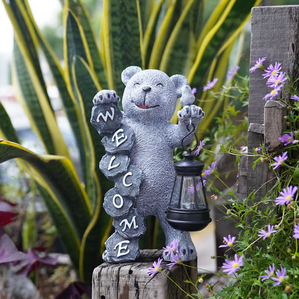 Elosung Solar Powered Welcome Bear Statue With Led Lantern Outdoor Garden & Patio Decor Ornaments & Statues