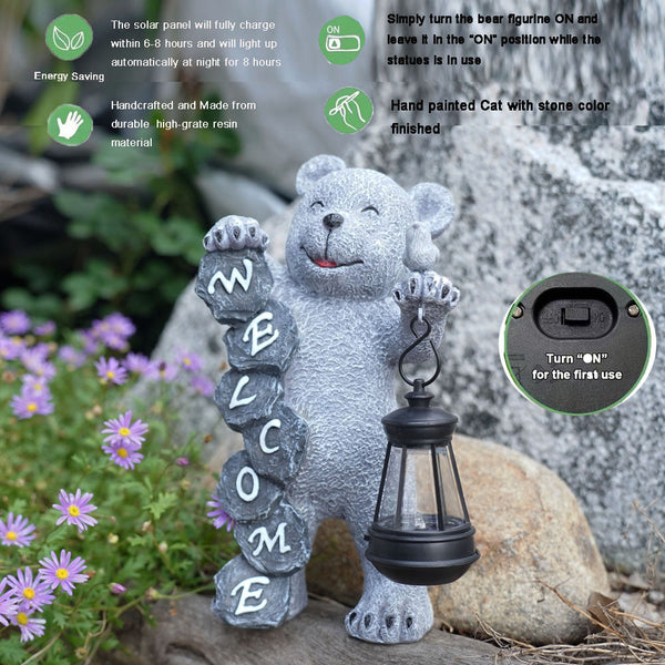 Elosung Solar Powered Welcome Bear Statue With Led Lantern Outdoor Garden & Patio Decor Ornaments & Statues