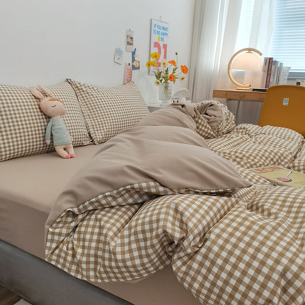 Elosung Beige 4 Piece Cotton Bedding Set Fits 1.5M/1.8M Beds (Duvet Cover 200X230cm Sheet 230X250cm) Sheets