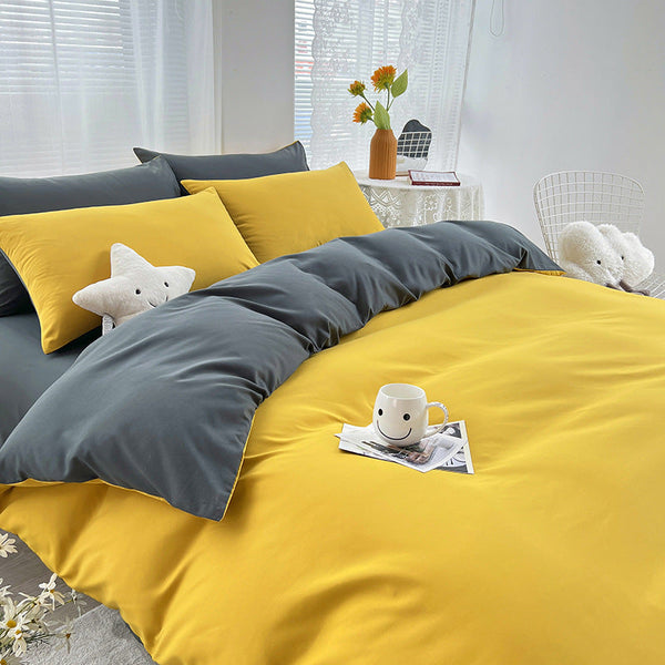 Yellow And Grey 4 Piece Cotton Bedding Set Fits 1.5M/1.8M Beds (Duvet Cover 200X230cm Sheet 230X250cm) Sheets