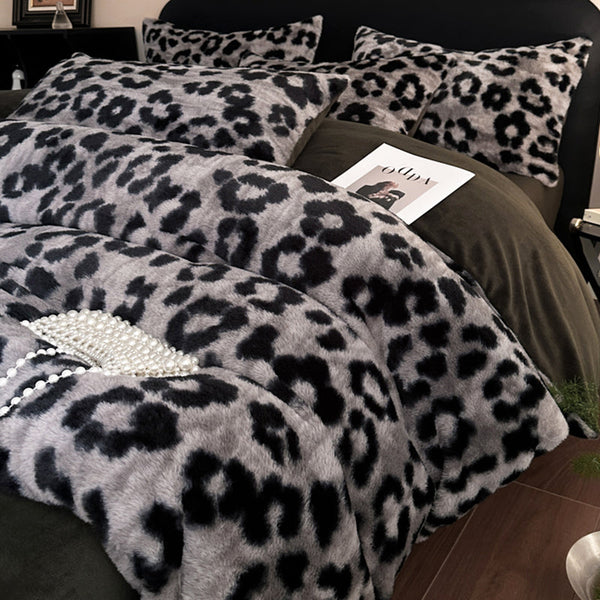 Grey Leopard Print Luxury Winter Faux Rabbit Fur Bedding Set 4 Piece Melange Style Plush For 1.8M Beds (200X230cm Duvet Cover) Blankets