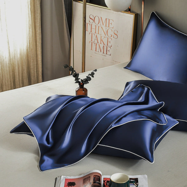 Dark Blue Luxury Double Sided Satin Silk Pillowcase Summer Cooling Polyester Cover Set Pillow Cases