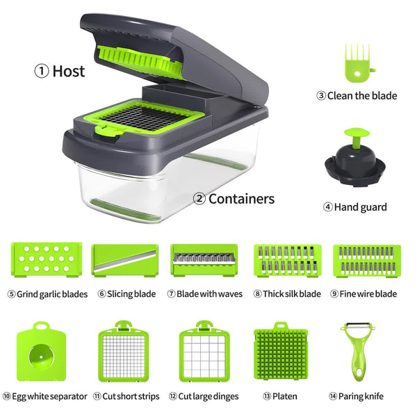 Green And Grey 14 Piece Multifunctional Vegetable Chopper Slicer Set Kitchen Cutting Grating Tool Choppers