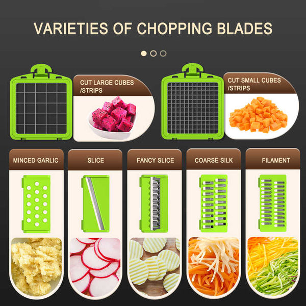 Green And Grey 14 Piece Multifunctional Vegetable Chopper Slicer Set Kitchen Cutting Grating Tool Choppers