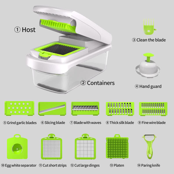 Green And White 14 Piece Multifunctional Vegetable Chopper Slicer Set Choppers