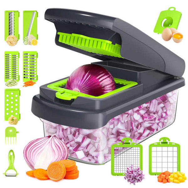 Green And White 14 Piece Multifunctional Vegetable Chopper Slicer Set Choppers
