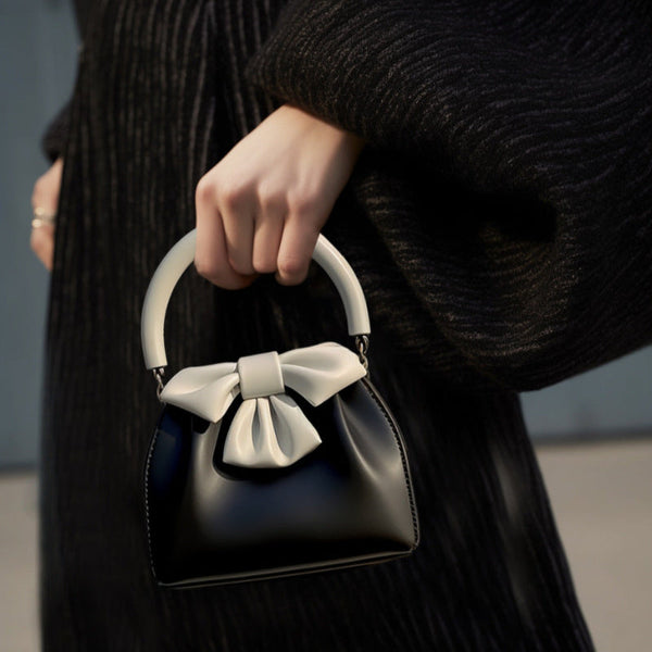Elosung Black White Elegant Women's Two Tone Bowknot Bucket Handbag Stylish Lightweight Women's Bags & Handbags
