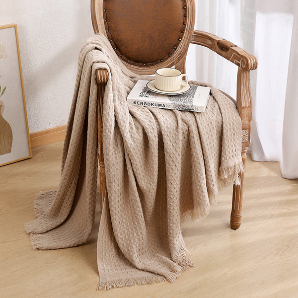 Elosung 130X230cm Khaki Nordic Knitted Throw Blanket With Tassels And Waffle Weave Throws & Afghans