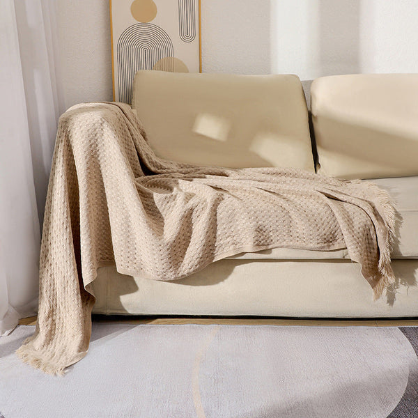 Elosung 130X230cm Khaki Nordic Knitted Throw Blanket With Tassels And Waffle Weave Throws & Afghans
