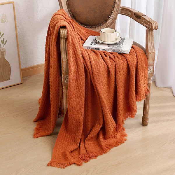 Elosung 130X230cm Caramel Nordic Knitted Throw Blanket With Tassels And Waffle Weave Throws & Afghans