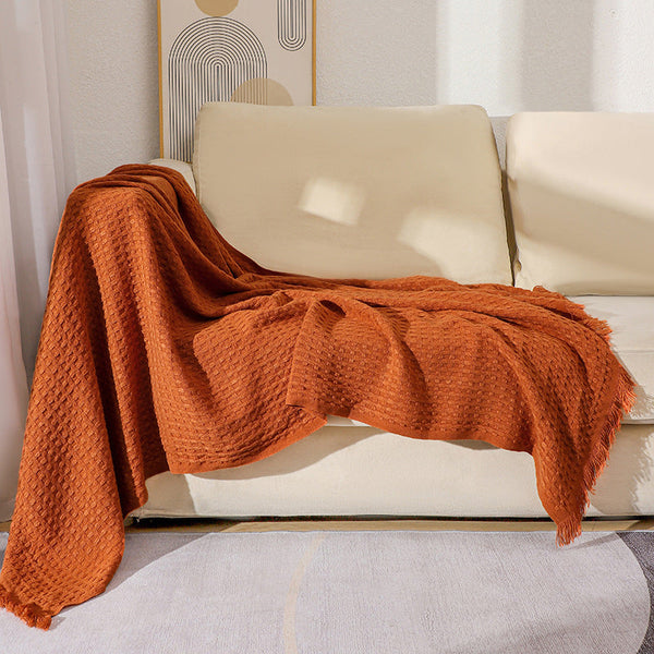 Elosung 130X230cm Caramel Nordic Knitted Throw Blanket With Tassels And Waffle Weave Throws & Afghans