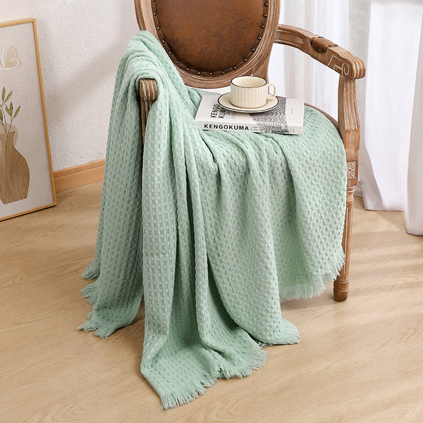 Elosung 130X230cm Cyan Nordic Knitted Throw Blanket With Tassels And Waffle Weave Throws & Afghans