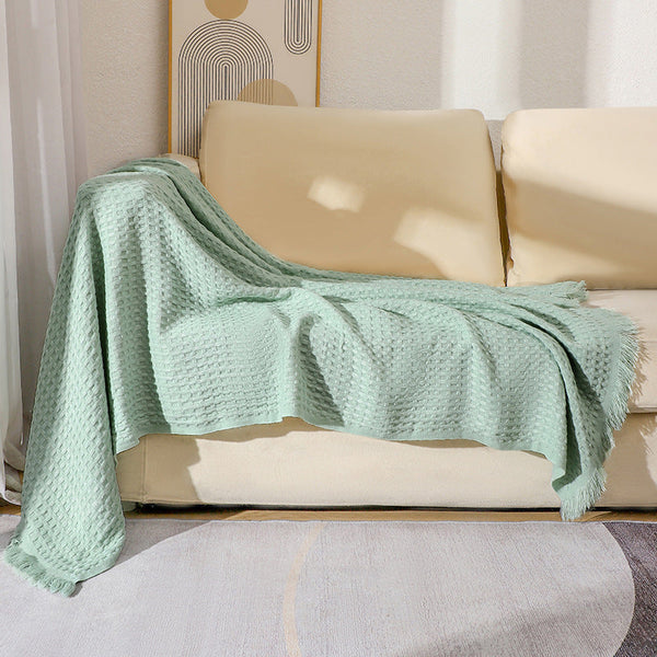 Elosung 130X230cm Cyan Nordic Knitted Throw Blanket With Tassels And Waffle Weave Throws & Afghans