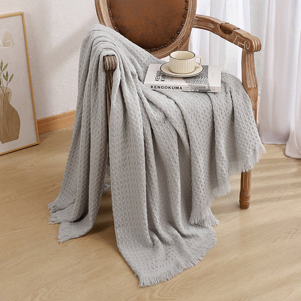 Elosung 130X230cm Grey Nordic Knitted Throw Blanket With Tassels And Waffle Weave Throws & Afghans