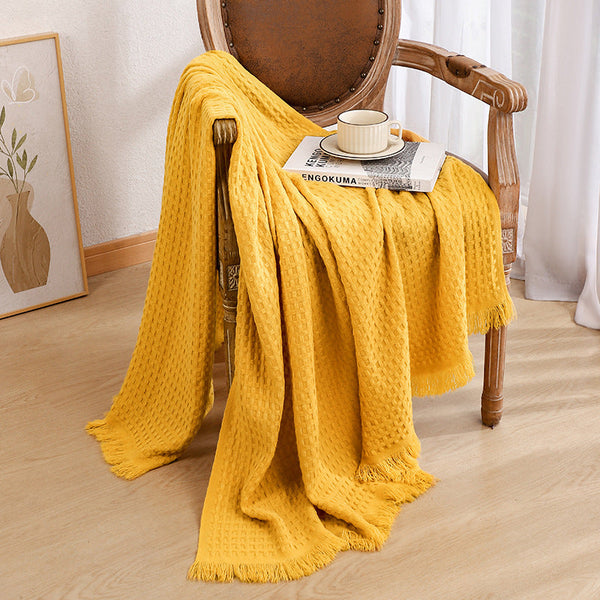 Elosung 130X230cm Bright Yellow Nordic Knitted Throw Blanket With Tassels And Waffle Weave Throws & Afghans