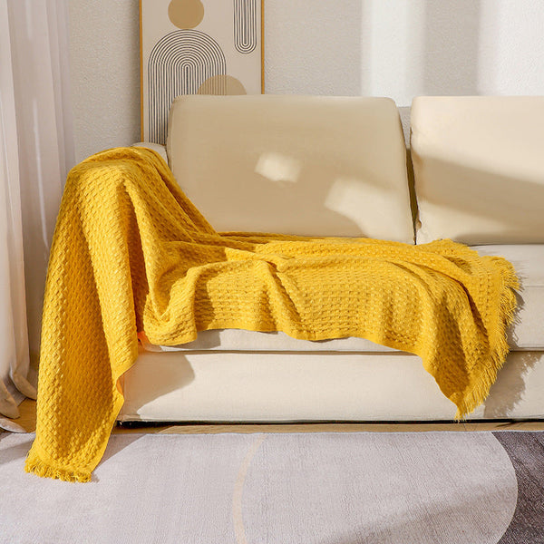 Elosung 130X230cm Bright Yellow Nordic Knitted Throw Blanket With Tassels And Waffle Weave Throws & Afghans