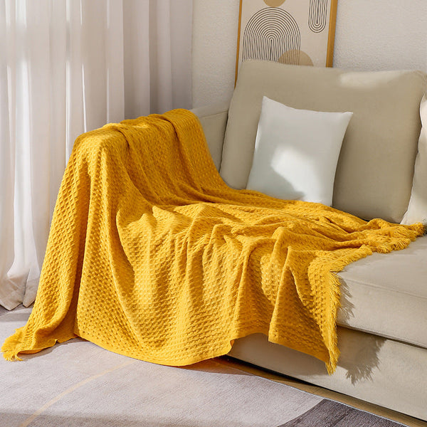 Elosung 130X230cm Bright Yellow Nordic Knitted Throw Blanket With Tassels And Waffle Weave Throws & Afghans
