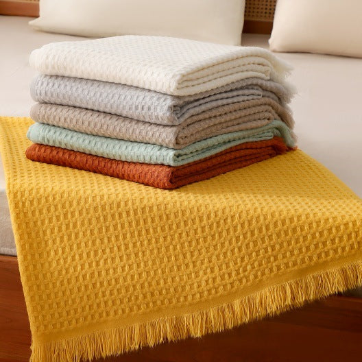 Elosung 130X230cm Bright Yellow Nordic Knitted Throw Blanket With Tassels And Waffle Weave Throws & Afghans
