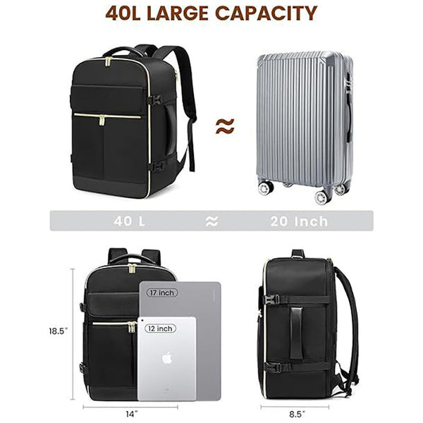 Elosung Black 40L Large Capacity Travel Business Backpack With Expandable Compartments Including 2 Toiletry Shoe Durable Oxford Fabric Bags