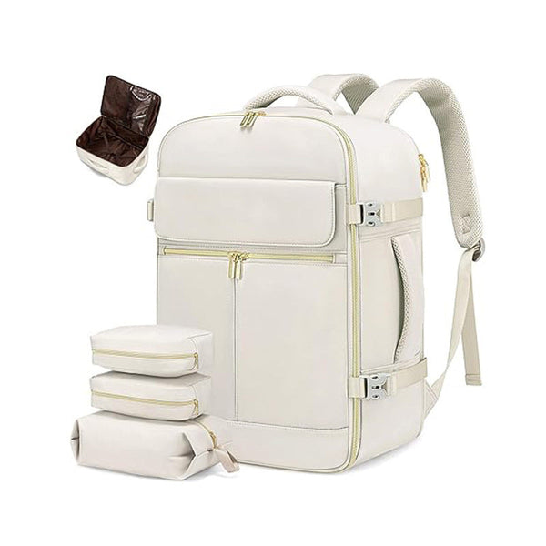Elosung Off White 40L Large Capacity Travel Business Backpack With Expandable Compartments Including 2 Toiletry Bags And Shoe Durable Oxford Fabric Ba