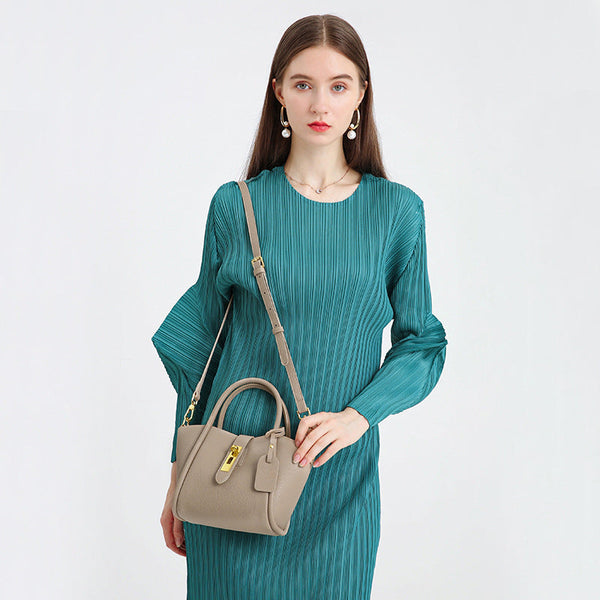 Elosung Beige Genuine Leather Women's Handbag Stylish Bucket Bag With Top Handle And Crossbody Strap Women's Bags & Handbags