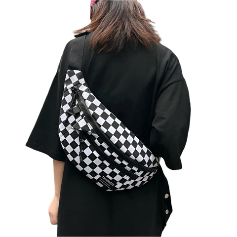 Elosung Black And White Check Trendy Checkered Crossbody Bag Color Block Chest For Men Women Lightweight Nylon Waist Women's Bags & Handbags