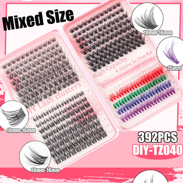 Elosung 392 Eyelashes Set Diy Lash Clusters Kit High Capacity 4 Styles With Black And Colorful Lashes Eyelash Extensions