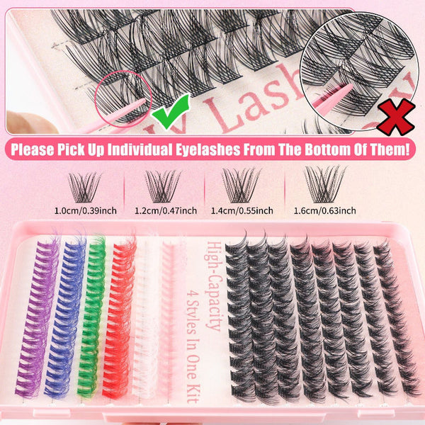 Elosung 600 Eyelashes Set Diy Lash Clusters Kit High Capacity 4 Styles With Black And Colorful Lashes Eyelash Tools