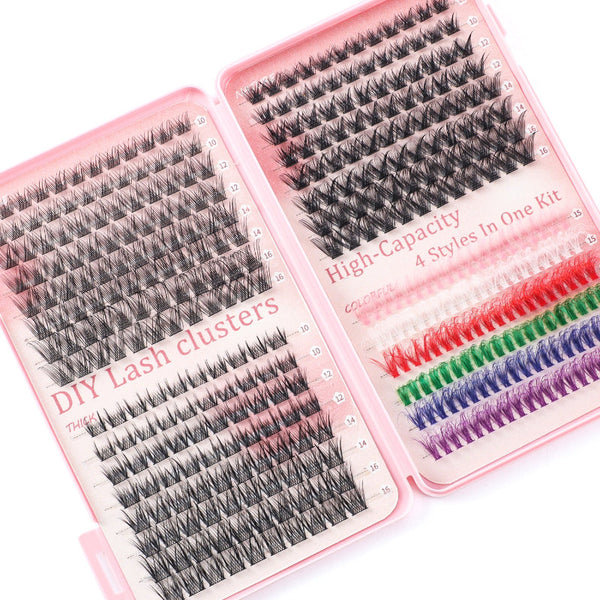 Elosung 600 Eyelashes Set Diy Lash Clusters Kit High Capacity 4 Styles With Black And Colorful Lashes Eyelash Tools
