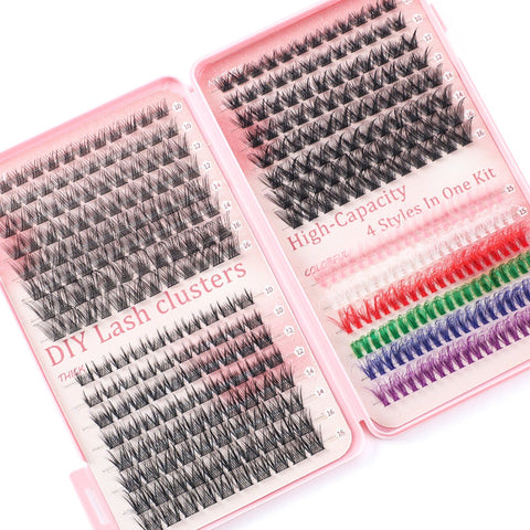 Elosung 600 Eyelashes Set Diy Lash Clusters Kit High Capacity 4 Styles With Black And Colorful Lashes Eyelash Tools