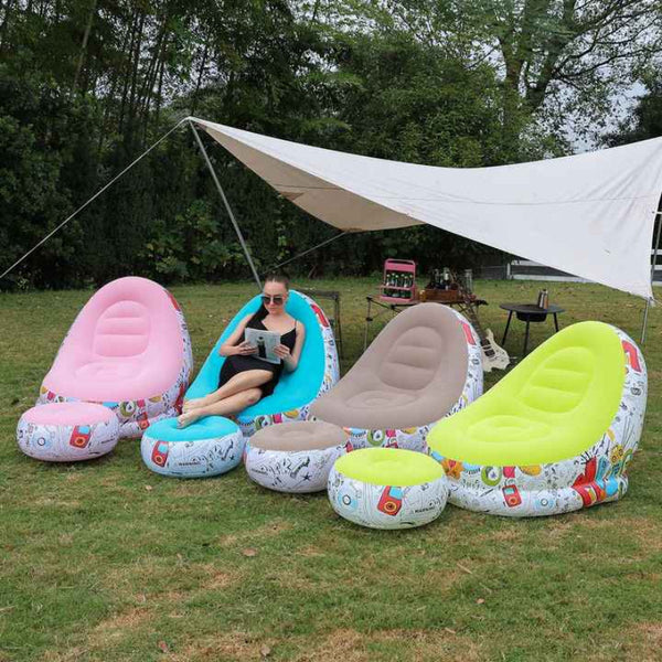 Blue And Black Patchwork Portable Inflatable Sofa Chair With Waterproof Flocked Lazy For Camping Home Use Bean Bags & Inflatables
