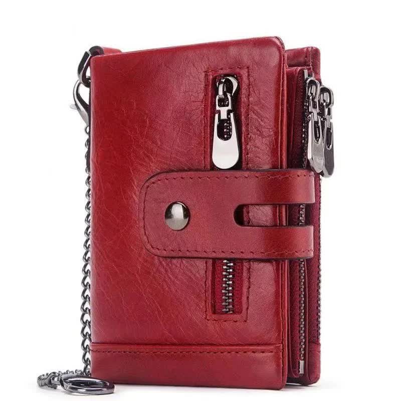 Elosung Red Genuine Leather Tri Fold Wallet Fashionable Multi Card Men's And Women's Wallets