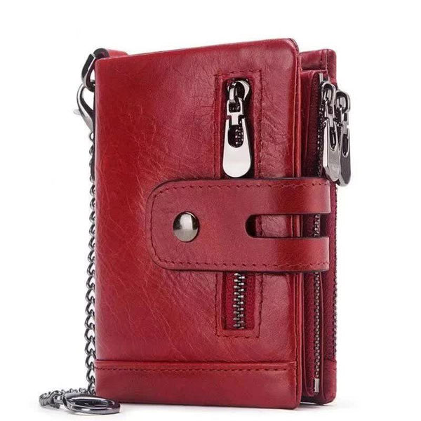 Elosung Red Genuine Leather Tri Fold Wallet Fashionable Multi Card Men's And Women's Wallets