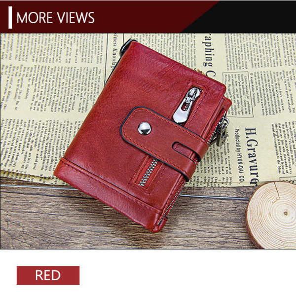 Elosung Red Genuine Leather Tri Fold Wallet Fashionable Multi Card Men's And Women's Wallets