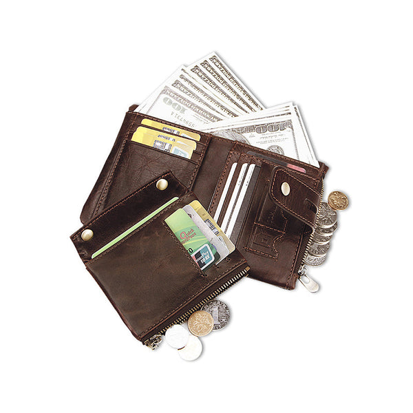 Elosung Coffee Genuine Leather Tri Fold Wallet Fashionable Multi Card Men's And Women's Wallets