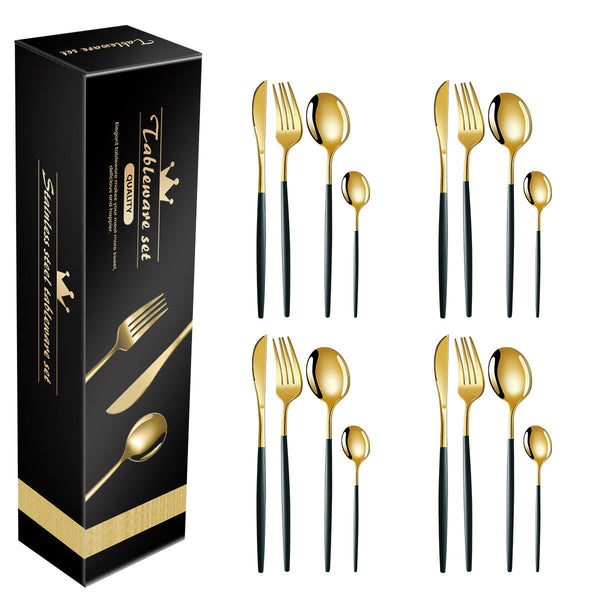 Elosung Green And Gold Patchwork Stainless Steel 16 Piece Flatware Set Cutlery Sets