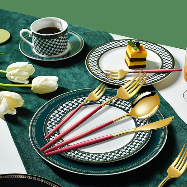 Elosung Green And Gold Patchwork Stainless Steel 16 Piece Flatware Set Cutlery Sets