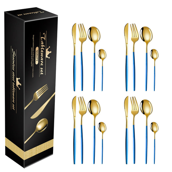 Elosung Blue And Gold Patchwork Colours 410 Stainless Steel 16 Piece Flatware Set Elegant Dinnerware With Knife Fork Spoon People Cutlery Sets
