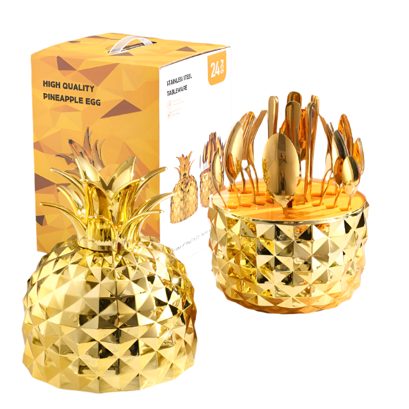 Elosung Gold Creative Pineapple Shaped 410 Stainless Steel 24 Piece Cutlery Set Elegant 6 Person Dining Gift Cutlery Sets
