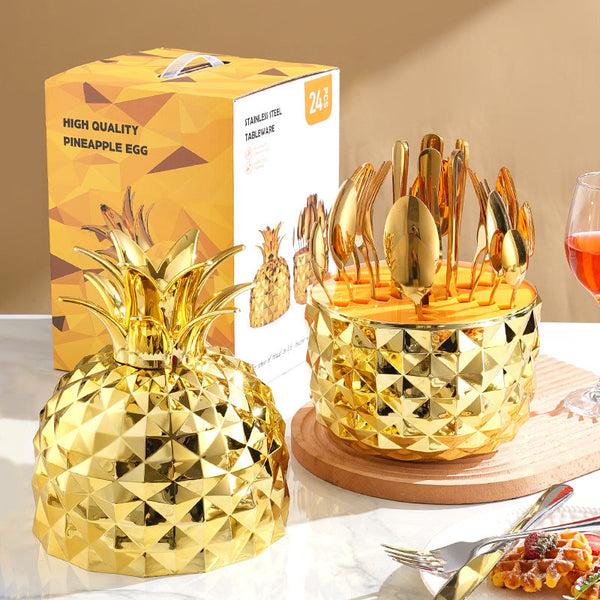 Elosung Gold Creative Pineapple Shaped 410 Stainless Steel 24 Piece Cutlery Set Elegant 6 Person Dining Gift Cutlery Sets