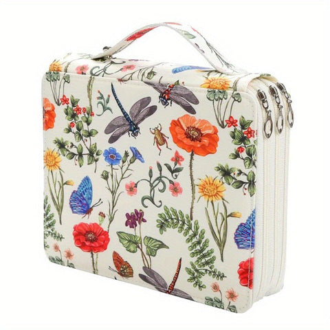 White Background + Dragonfly Pattern 124 Slot Large Capacity Zippered Pencil Case Triple Layer Oxford Fabric Organizer For Colored Pencils Art Supplie